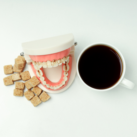 Des dents sont tachés par le café et abîmées par le sucre