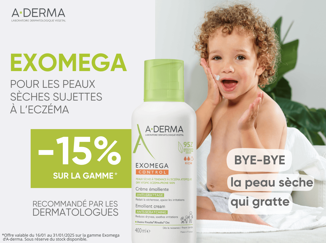 Exomega d'A-derma, en promotion, pour les peaux sèches sujettes à l'eczéma